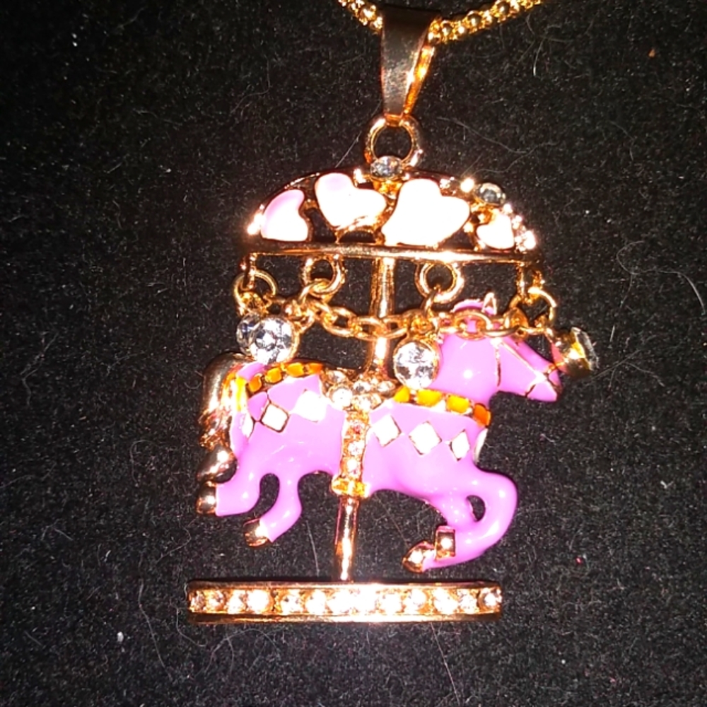 Pink and Purple Merry-go-round Horse Pendant Necklace